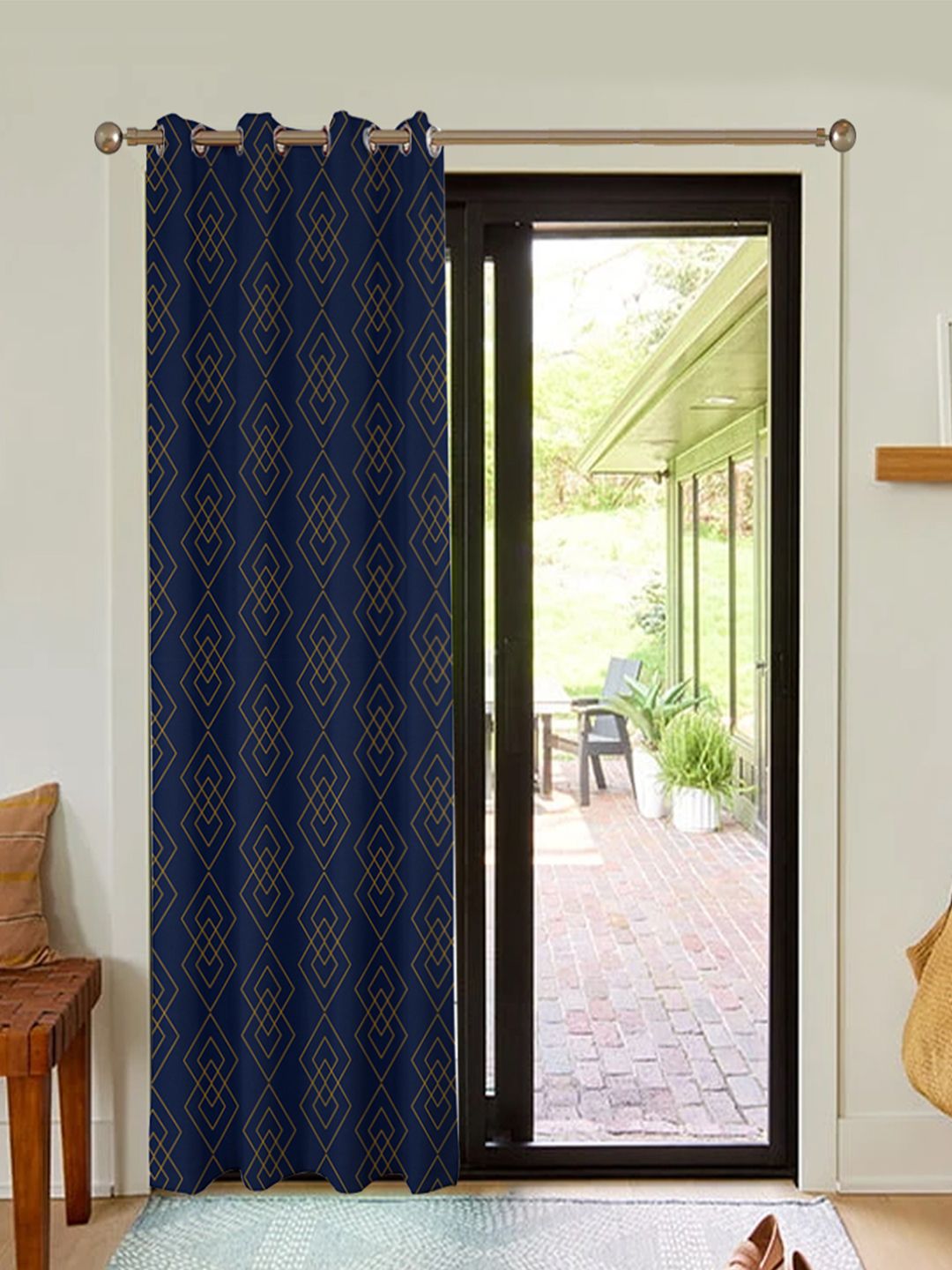 URBAN SPACE Navy Blue & Gold-Toned Geometric Printed Black Out Long Door Curtain