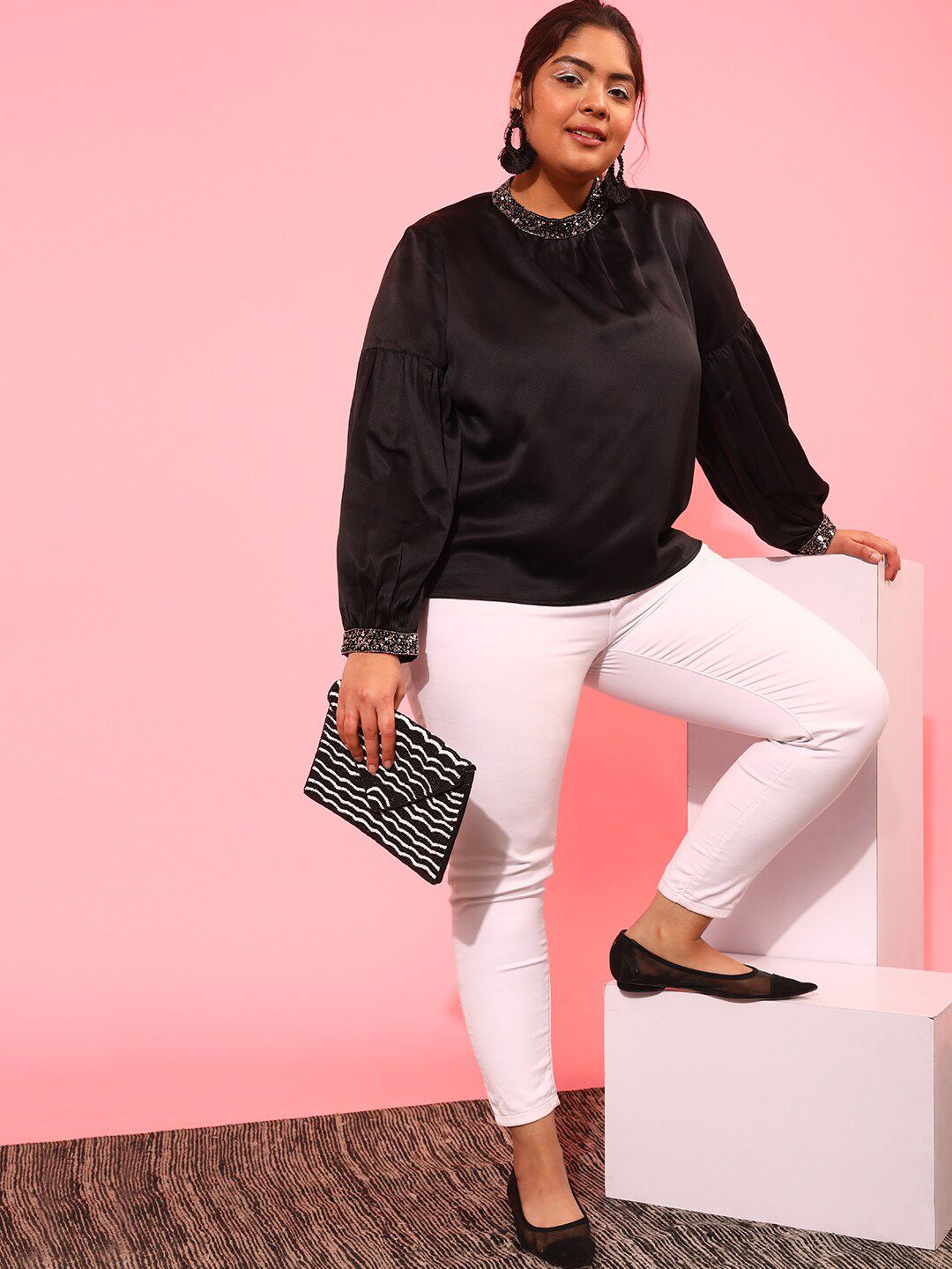 CURVY STREET Round Neck Sequined Regular Top
