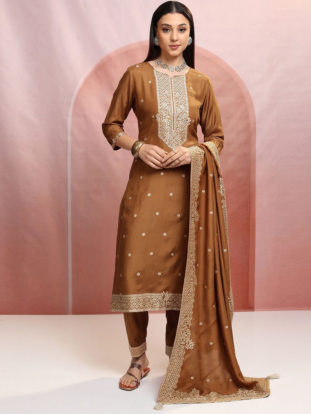 Vishudh Brown Floral Woven Design Pure Cotton Straight Kurta with Trousers & Dupatta