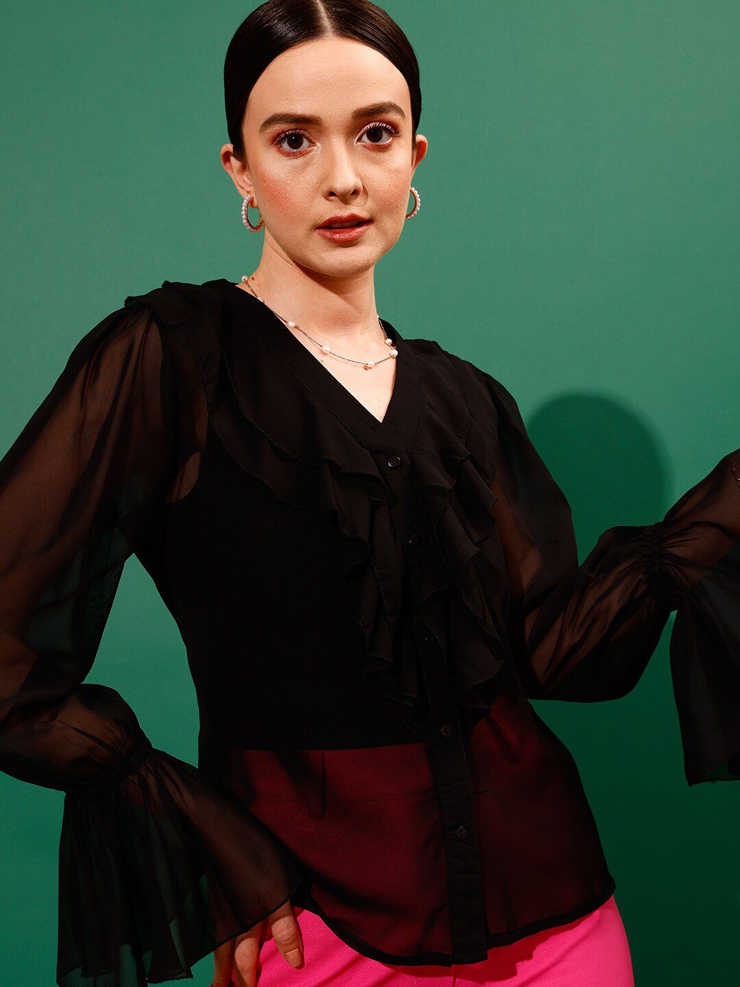 STREET 9 V-Neck Shirt Style Sheer Ruffled Top