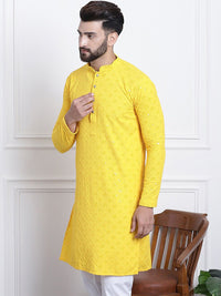 SOJANYA Woven Design Mandarin Collar Sequinned Straight Pure Cotton Kurta