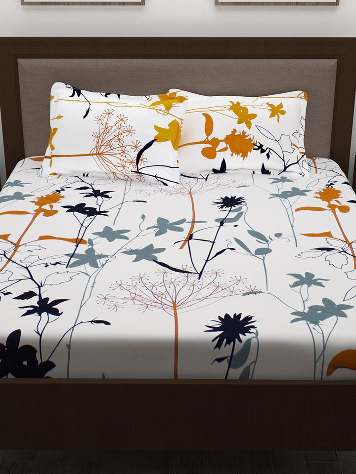 Story@home White & Mustard Floral 186 TC Pure Cotton Queen Bedsheet With 2 Pillow Covers