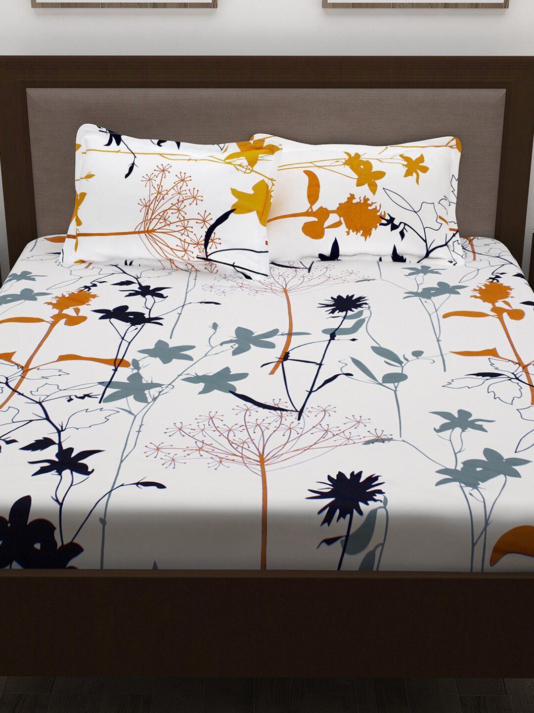 Story@home White & Mustard Floral 186 TC Pure Cotton Queen Bedsheet With 2 Pillow Covers