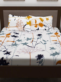 Story@home White & Mustard Floral 186 TC Pure Cotton Queen Bedsheet With 2 Pillow Covers