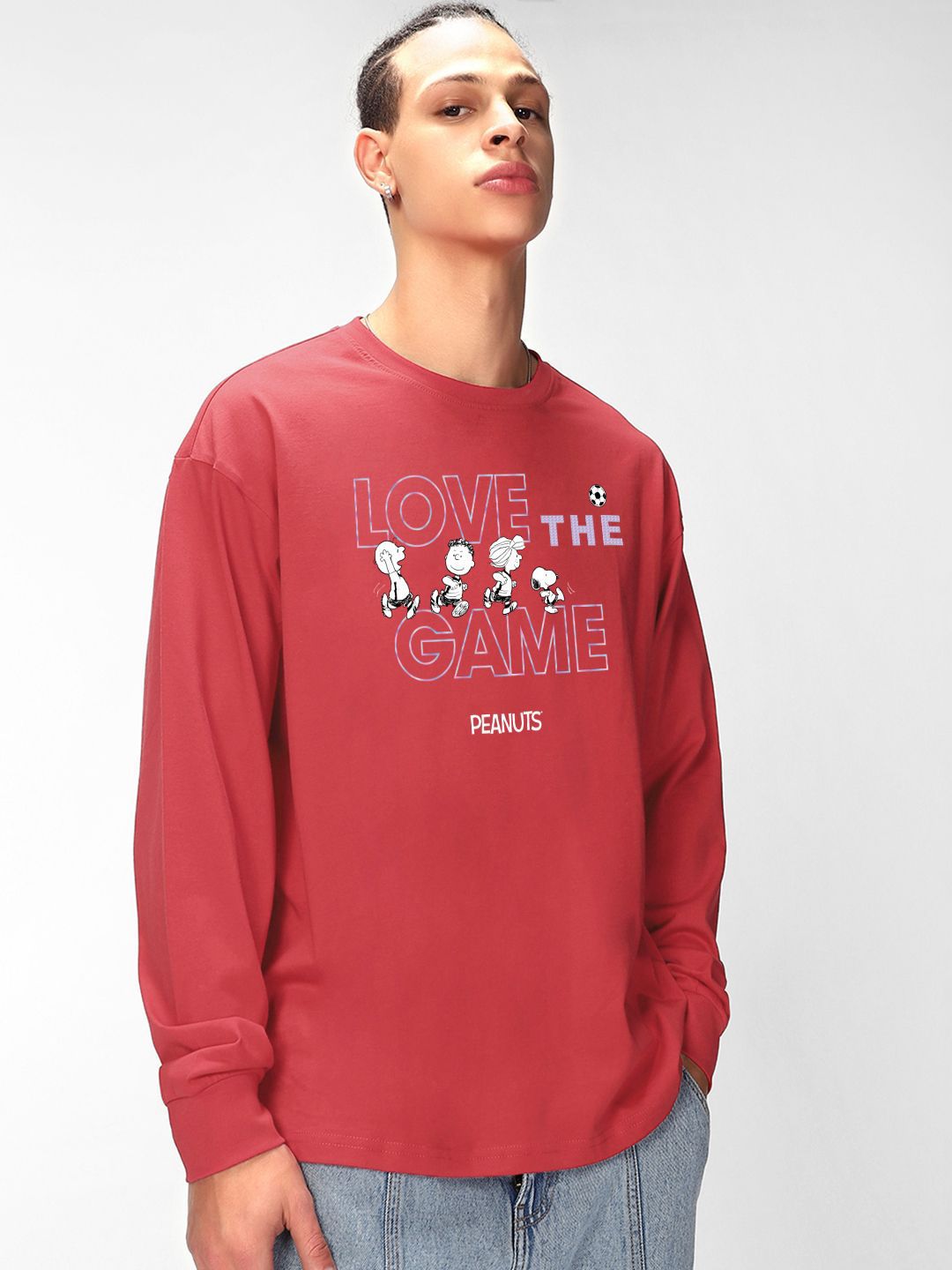 Bewakoof Typography Printed Round Neck Pure Cotton Oversized Peanuts T-shirt