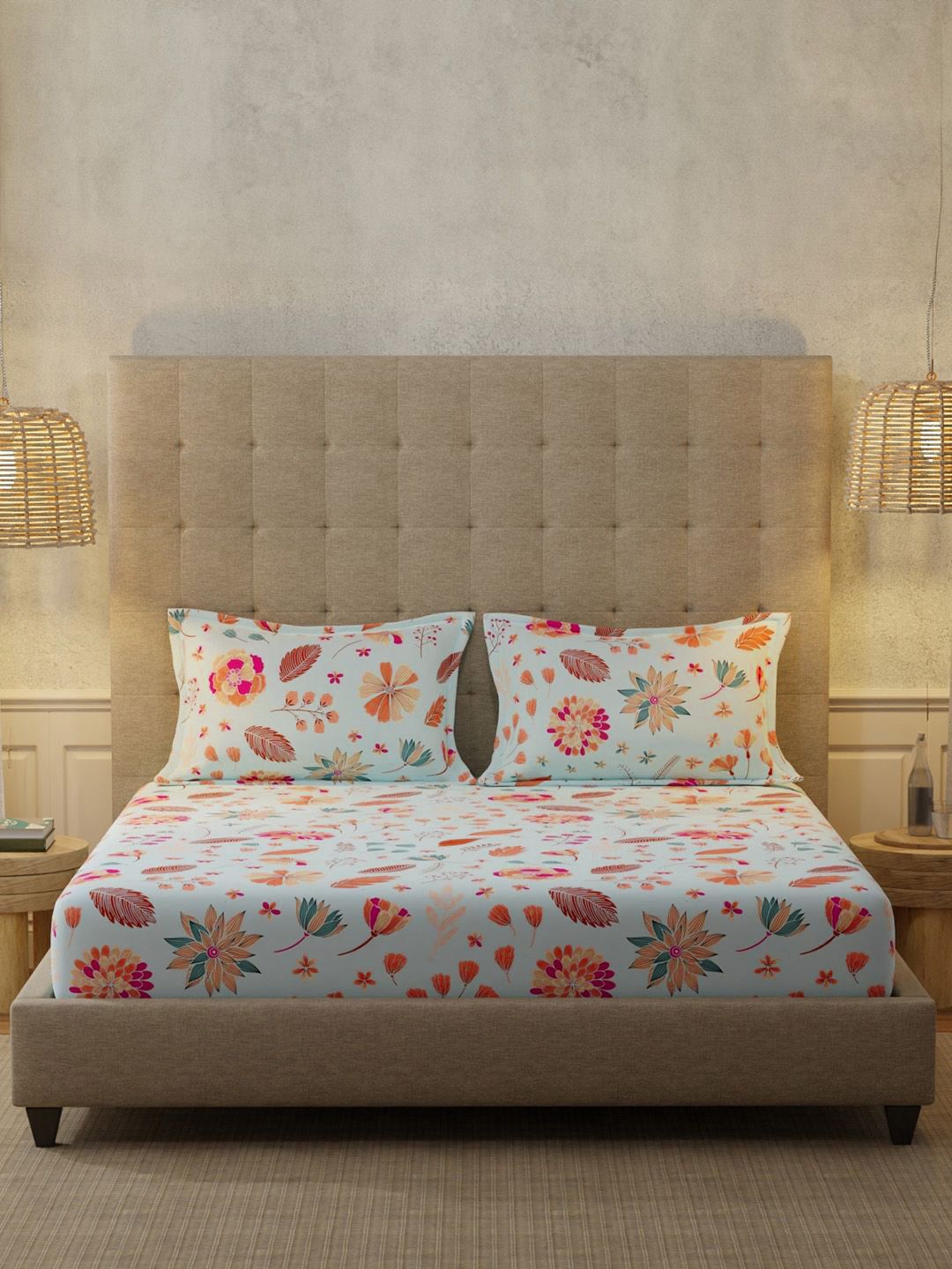 URBAN SPACE Florence Sky Blue 200 TC Floral Queen Bedsheet