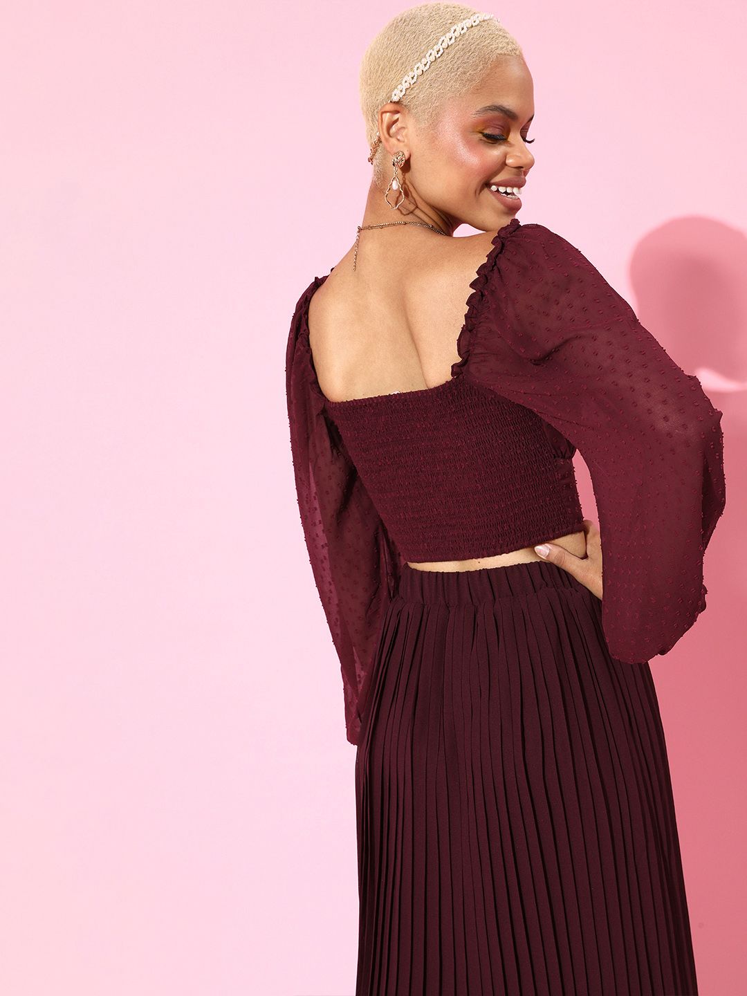 Berrylush Women Charming Maroon Solid Georgette Bishop Sleeves Top