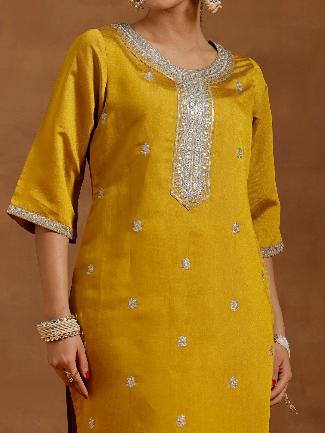 Libas Floral Embroidered Regular Sequinned Straight Kurta With Trousers & Dupatta