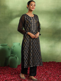 Libas Ethnic Motifs Woven Design Zari Work Organza Straight Kurta With Trouser & Dupatta