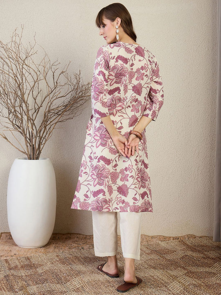 Indo Era Floral Printed Round Neck Straight Kurta