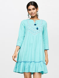 Global Desi Blue Tie-Up Neck Drop-Waist Pure Cotton Dress