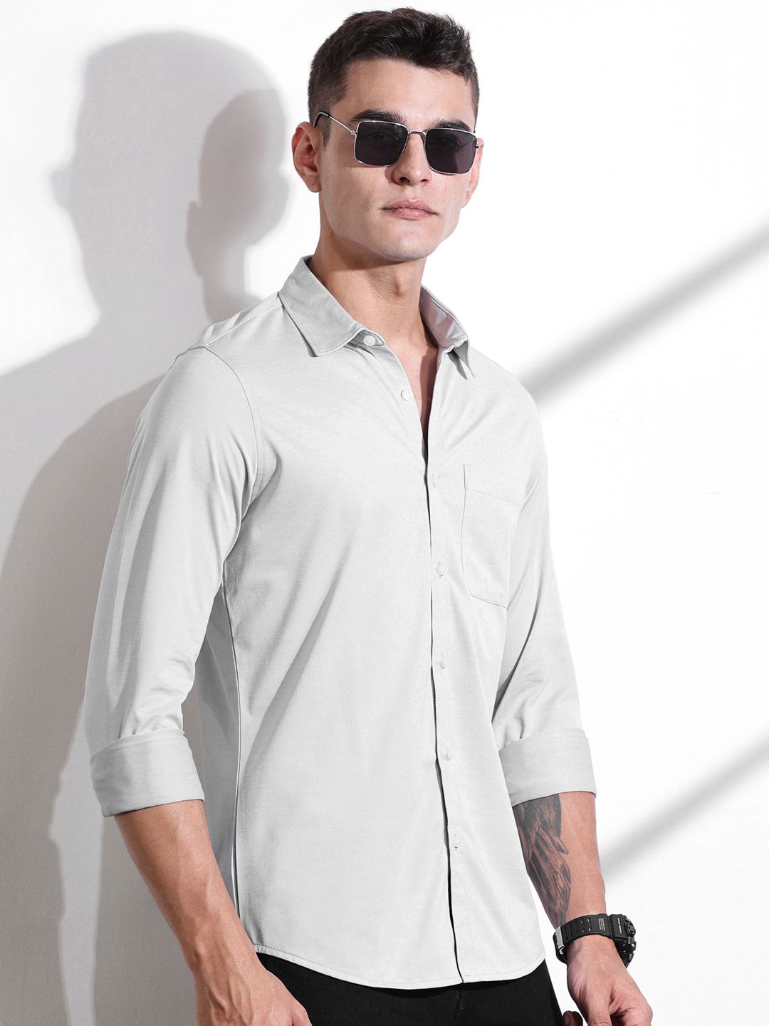 Thomas Scott Men Classic Slim Fit Spread Collar Solid Cotton Knitted Shirt