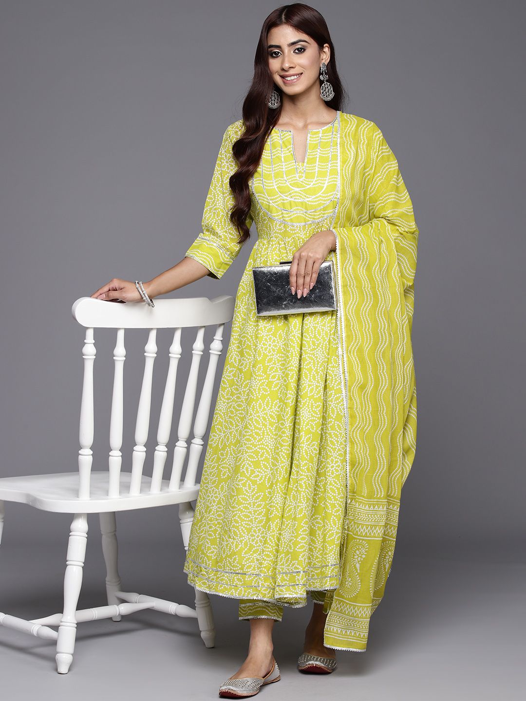 Libas Women Bandhani Yoke Design Empire Gotta Patti Cotton Kurta with Trousers & Dupatta