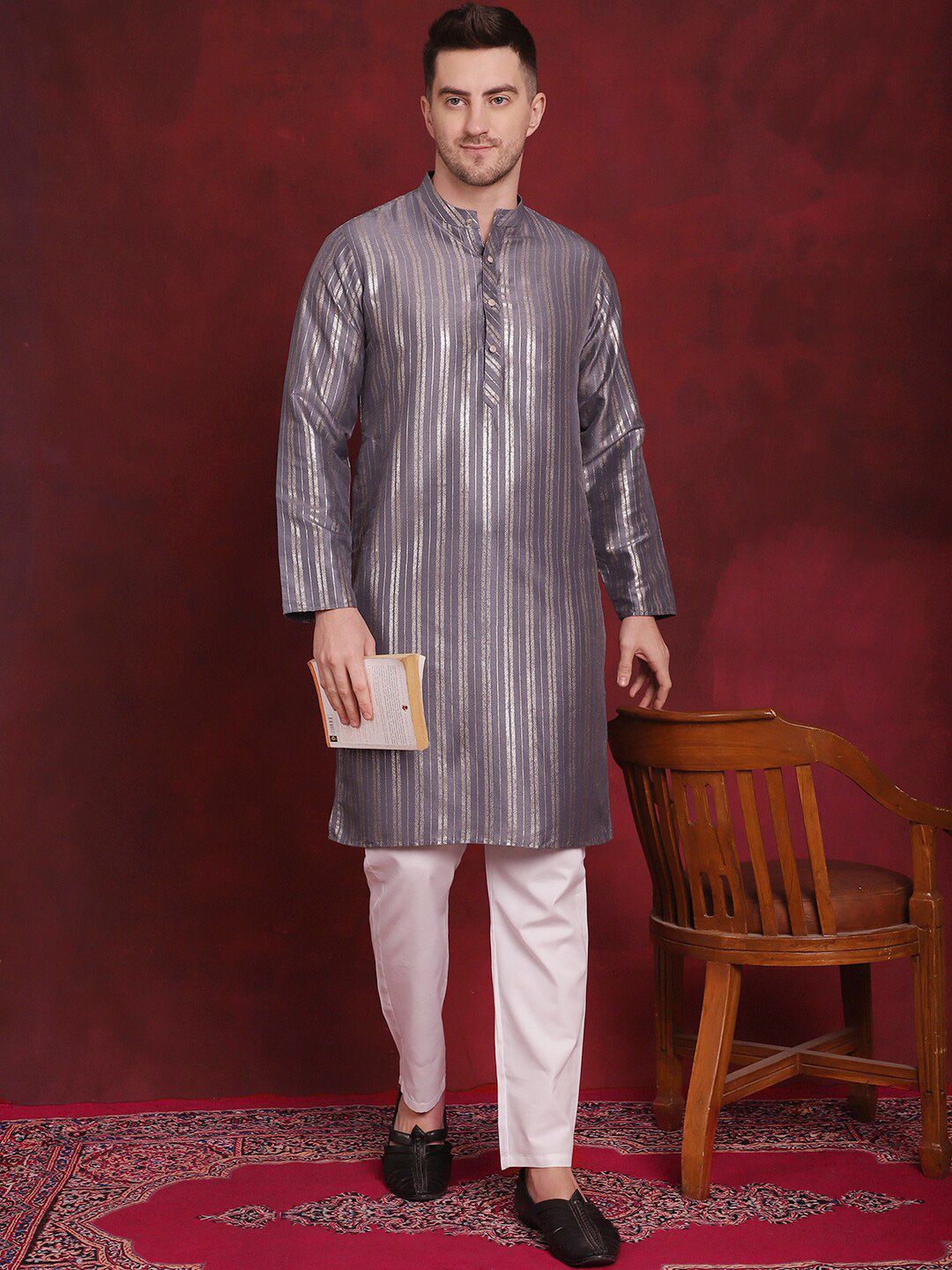 Anouk Striped Regular Cotton Kurta With Pyjamas
