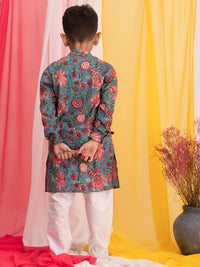 VASTRAMAY Boys Floral Printed Straight Kalamkari Pure Cotton Kurta With Pyjamas