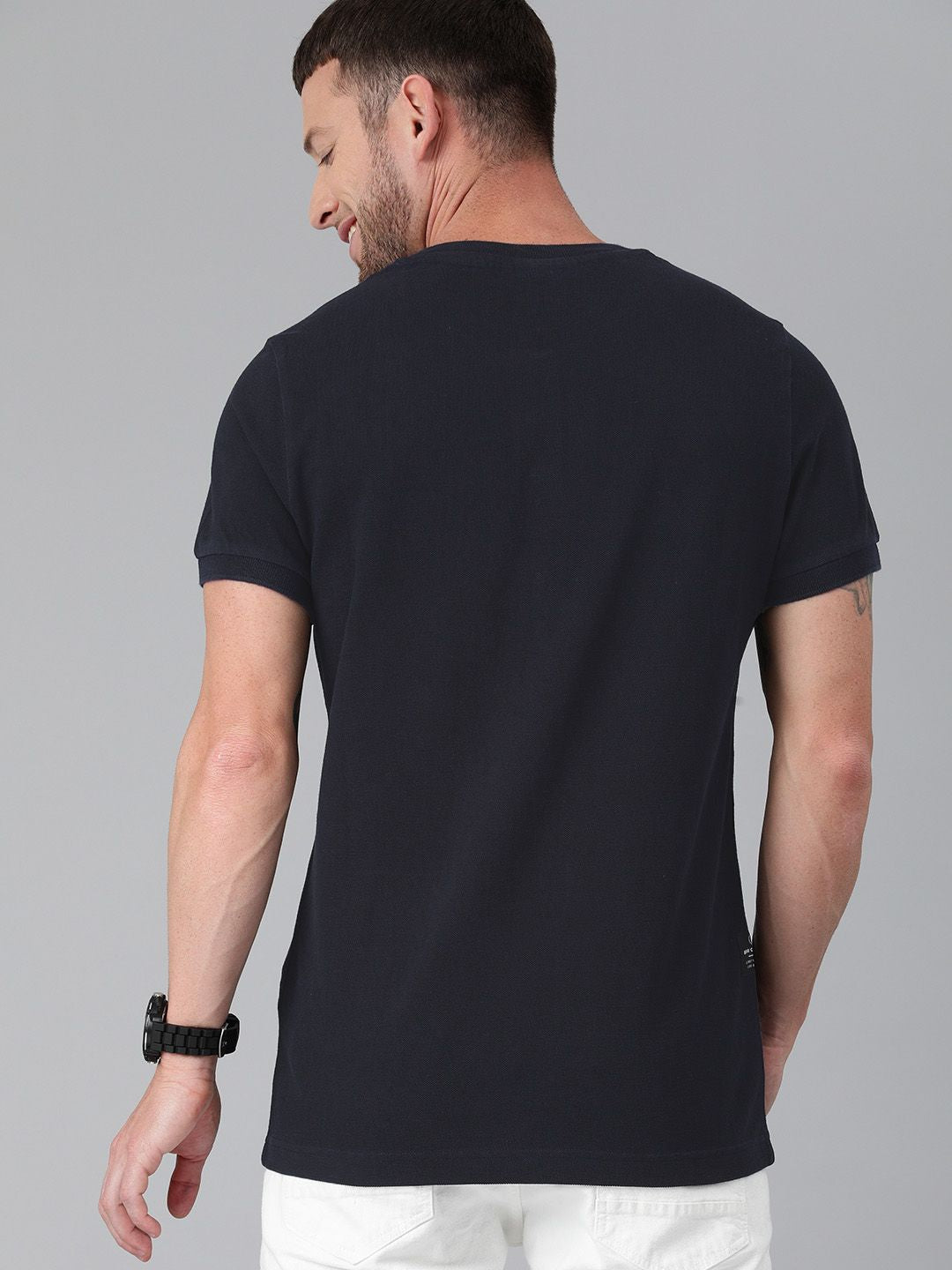 THE BEAR HOUSE Men Navy Blue Solid Henley Neck Pure Cotton T-shirt