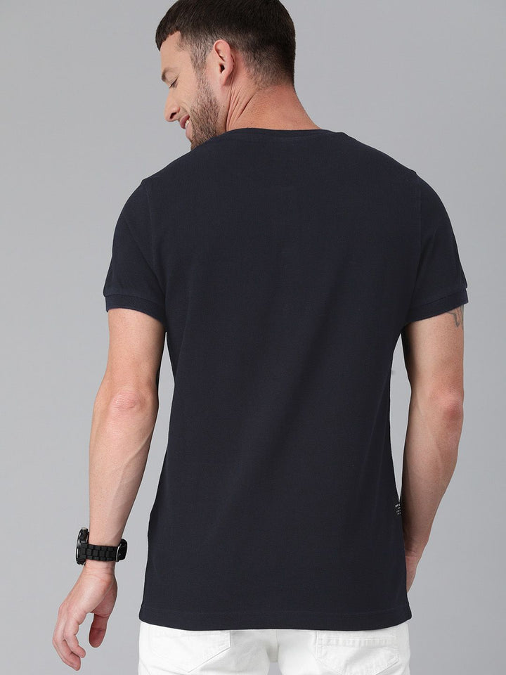 THE BEAR HOUSE Men Navy Blue Solid Henley Neck Pure Cotton T-shirt