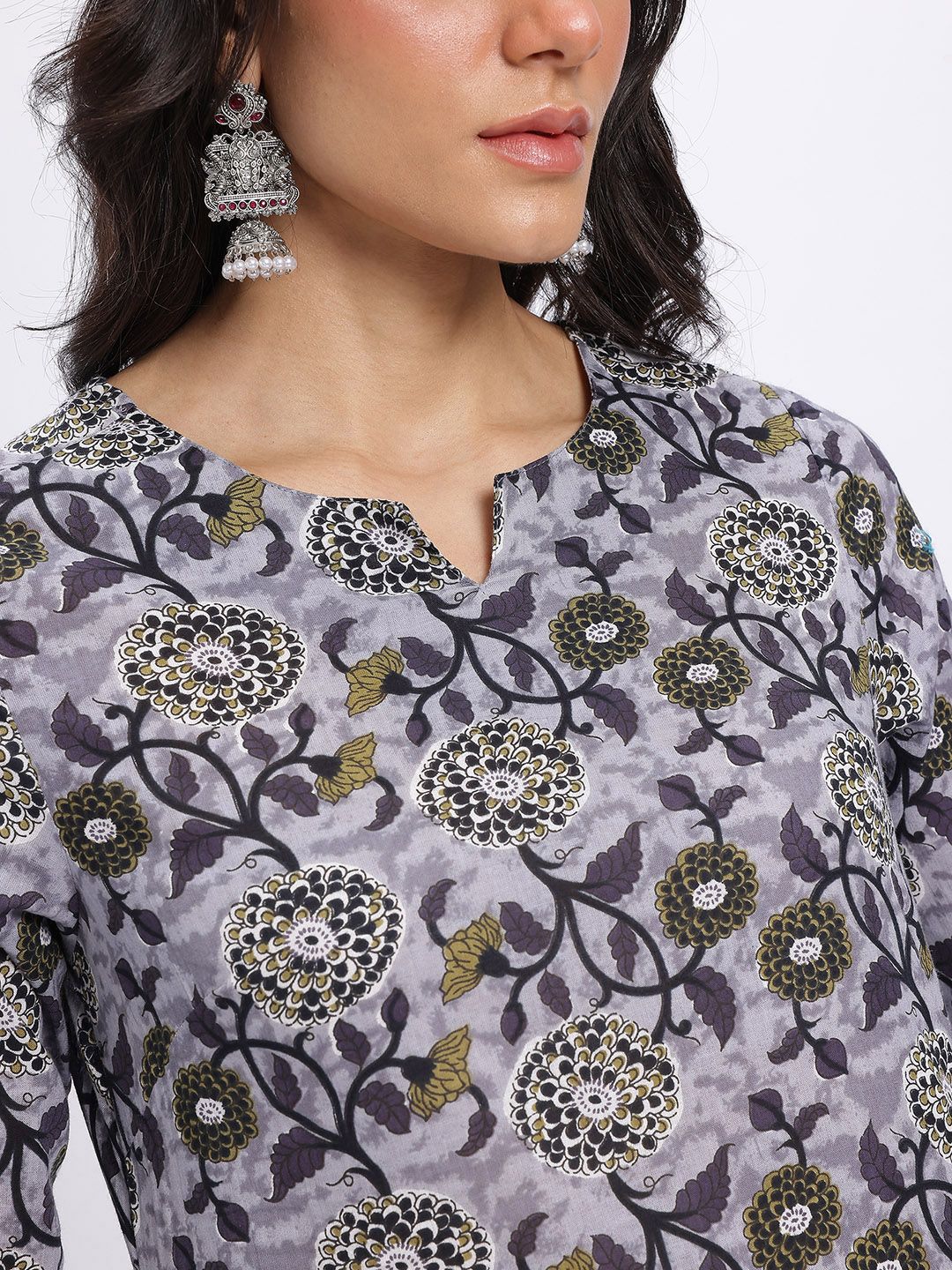 Anouk Floral Print Pure Cotton Straight Kurta with Trousers & Dupatta