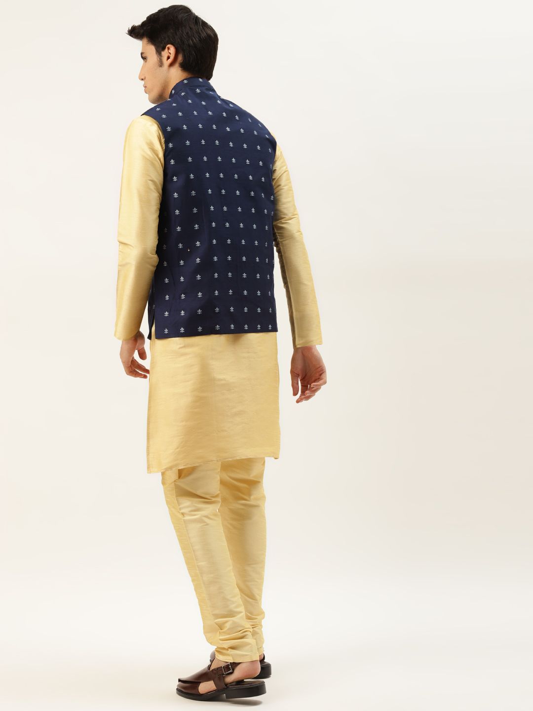 SOJANYA Men Golden & Navy Blue Kurta with Churidar