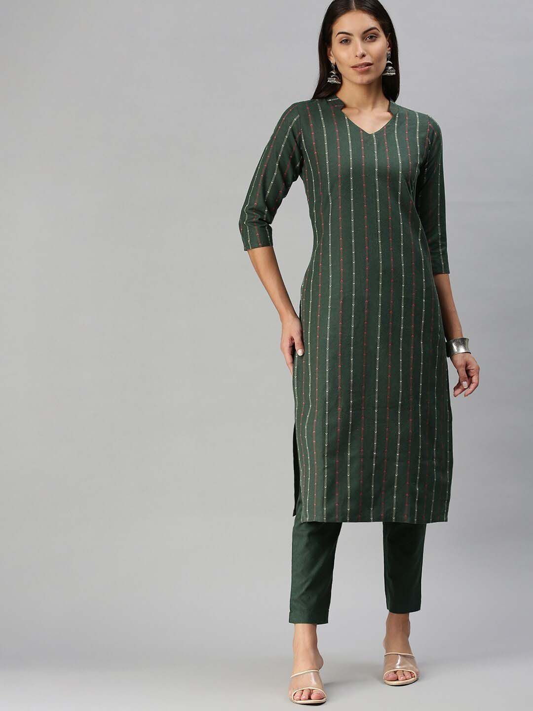 KALINI Mandarin Collar  Woven Design Kurta with Trousers