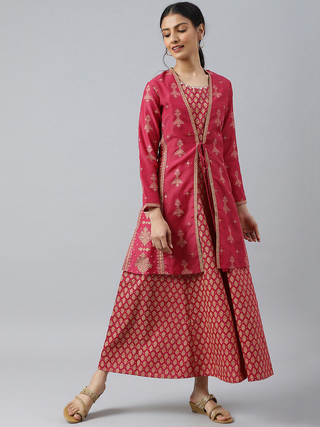 W Pink Ethnic Motifs Chiffon Ethnic Maxi Dress With Tie-Up Waist Coat