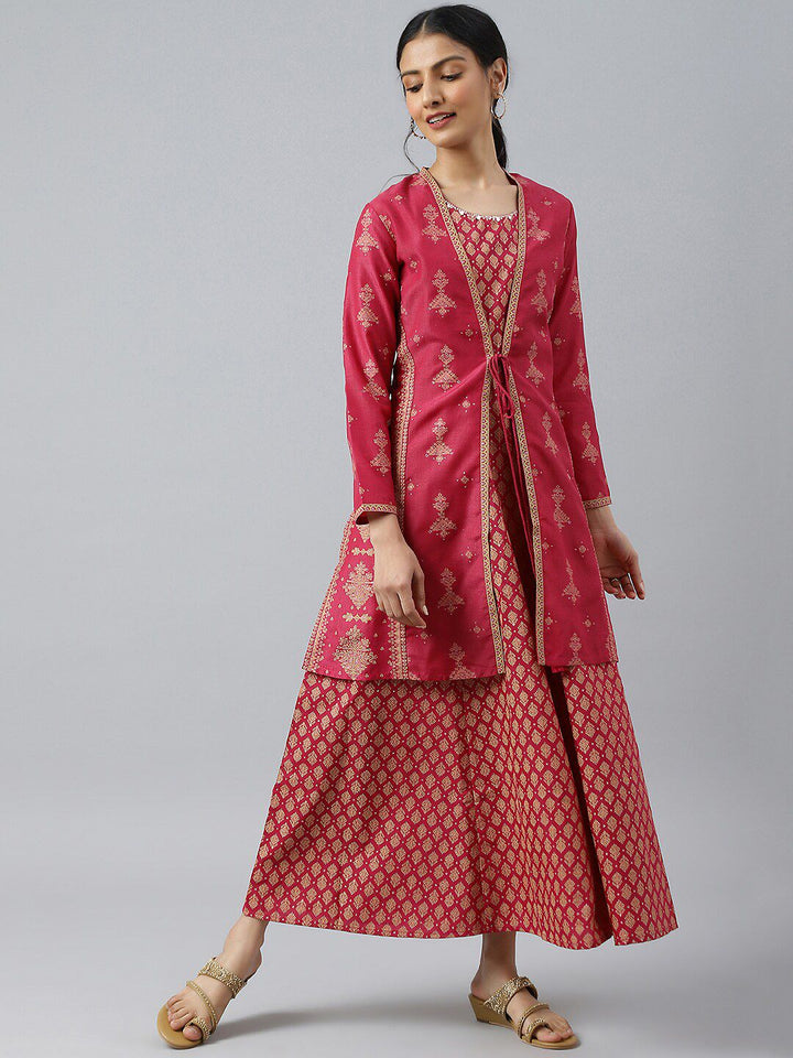 W Pink Ethnic Motifs Chiffon Ethnic Maxi Dress With Tie-Up Waist Coat
