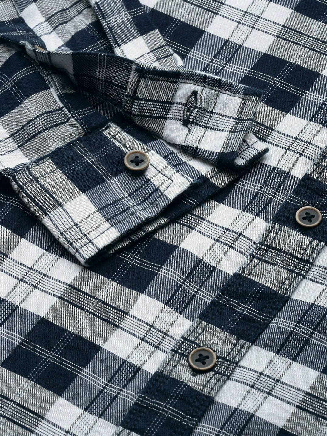 The Indian Garage Co Men Navy Blue & Off-White Checked Cotton Casual Shirt