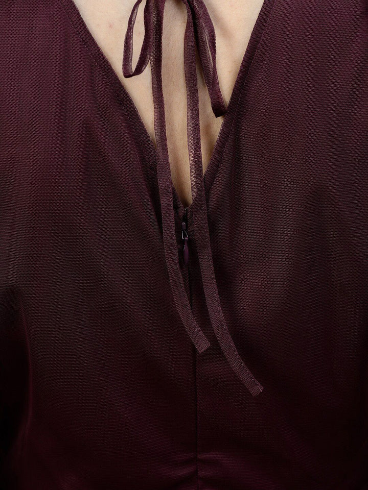 STREET 9 Burgundy Embellished Net Peplum Top