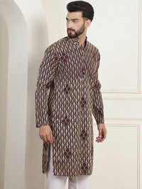 SOJANYA Lelaki Motif Etnik Lengan Berkobar Kurta Kerja Benang
