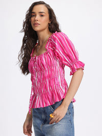 DressBerry Candy Stripes Puff Sleeve Cotton Peplum Top