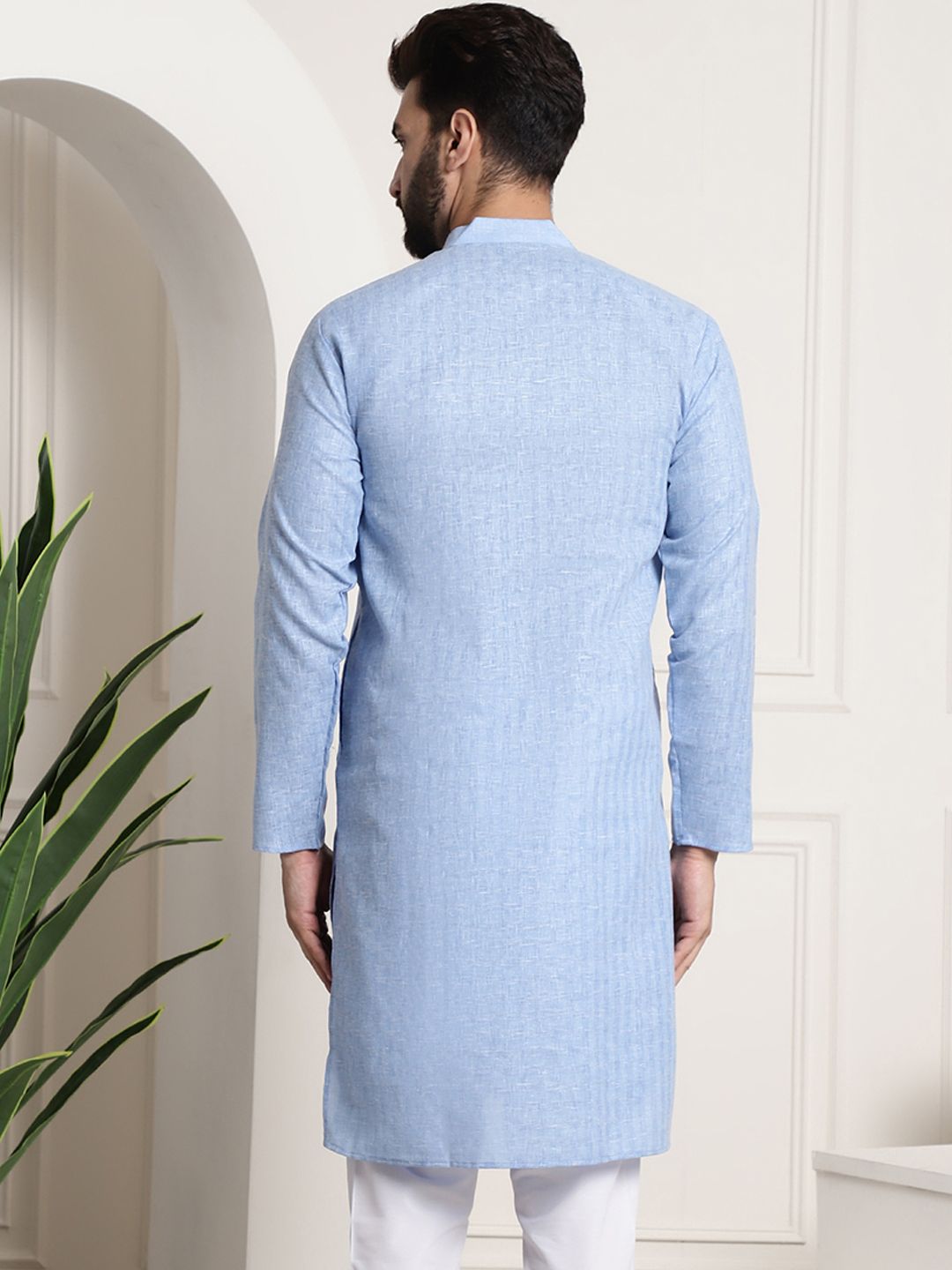 SOJANYA Men Blue Dobby Self-Checked Straight Kurta