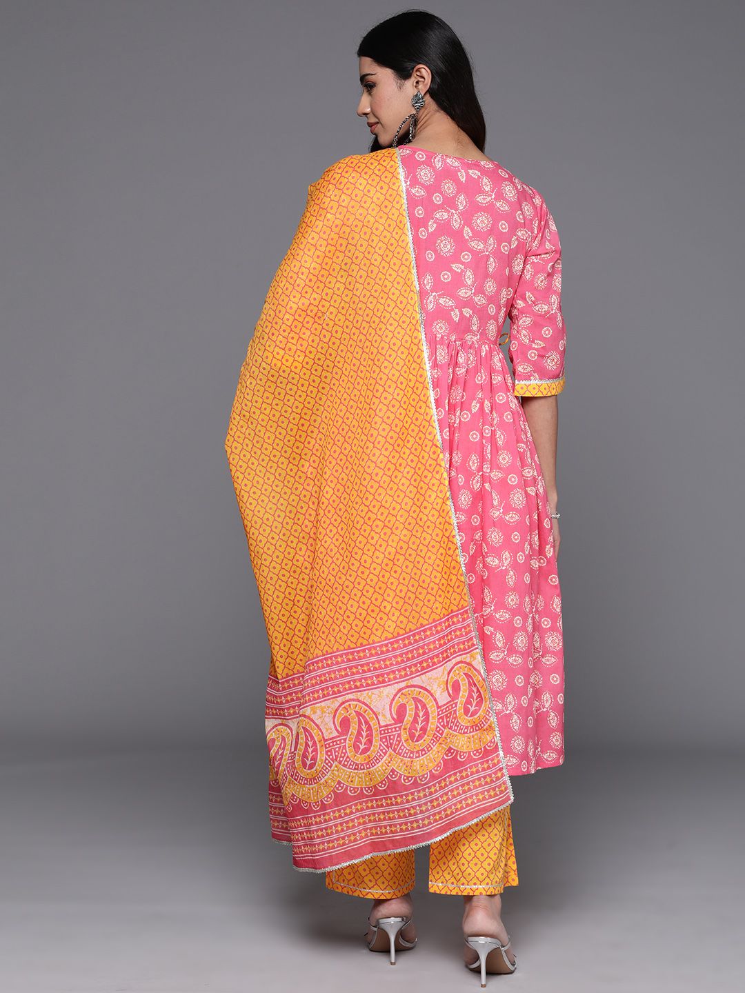 Libas Floral Printed Pleated Gotta Patti Pure Cotton Kurta with Trousers & Dupatta