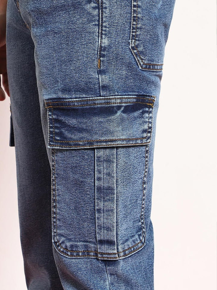 Urbano Fashion Men Light Blue Regular Fit Washed Cargo Jeans With 6 Pockets Stretchable