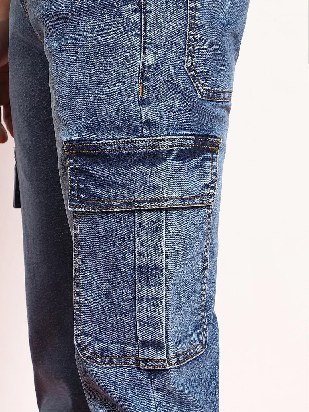 Urbano Fashion Men Light Blue Regular Fit Washed Cargo Jeans With 6 Pockets Stretchable