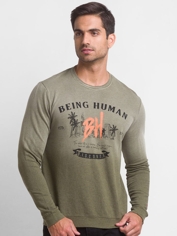 Being Human Men Olive Green Printed Pure Cotton Sweatshirt