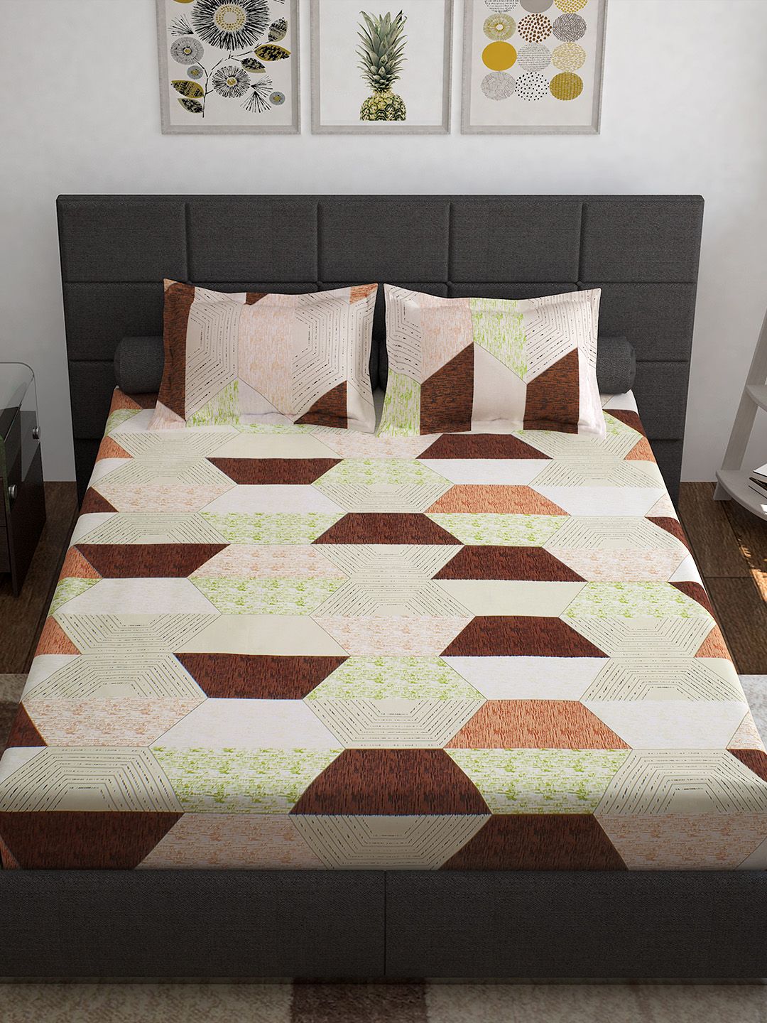 Story@home Cream-Coloured Geometric 144 TC Cotton 1 Queen Bedsheet with 2 Pillow Covers