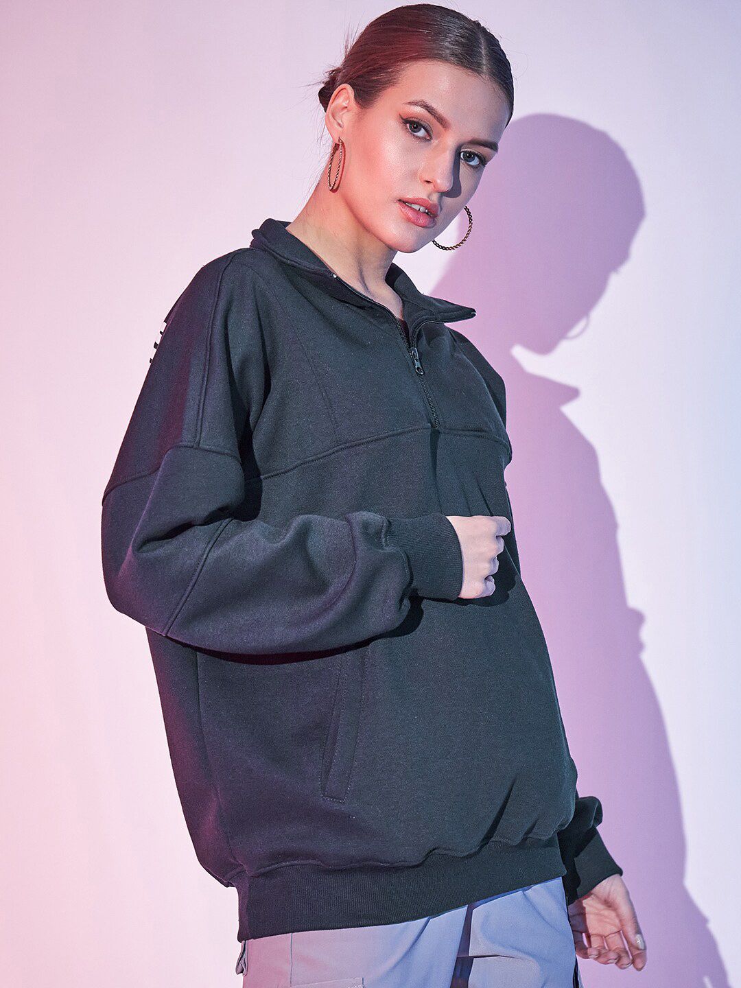 STREET 9 Typography Printed Mock Collar Half Zipper Fleece & Cotton Pullover Sweatshirt