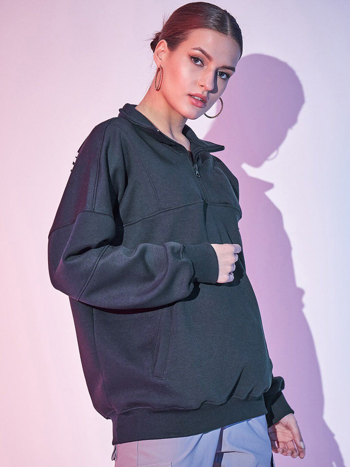 STREET 9 Typography Printed Mock Collar Half Zipper Fleece & Cotton Pullover Sweatshirt
