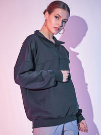 STREET 9 Typography Printed Mock Collar Half Zipper Fleece & Cotton Pullover Sweatshirt