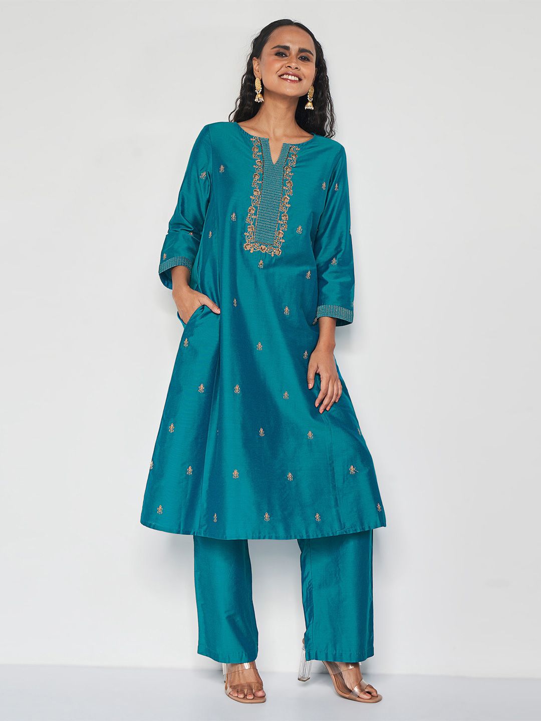 Global Desi Floral Embroidered Thread Work Detail A-Line Kurta with Trousers