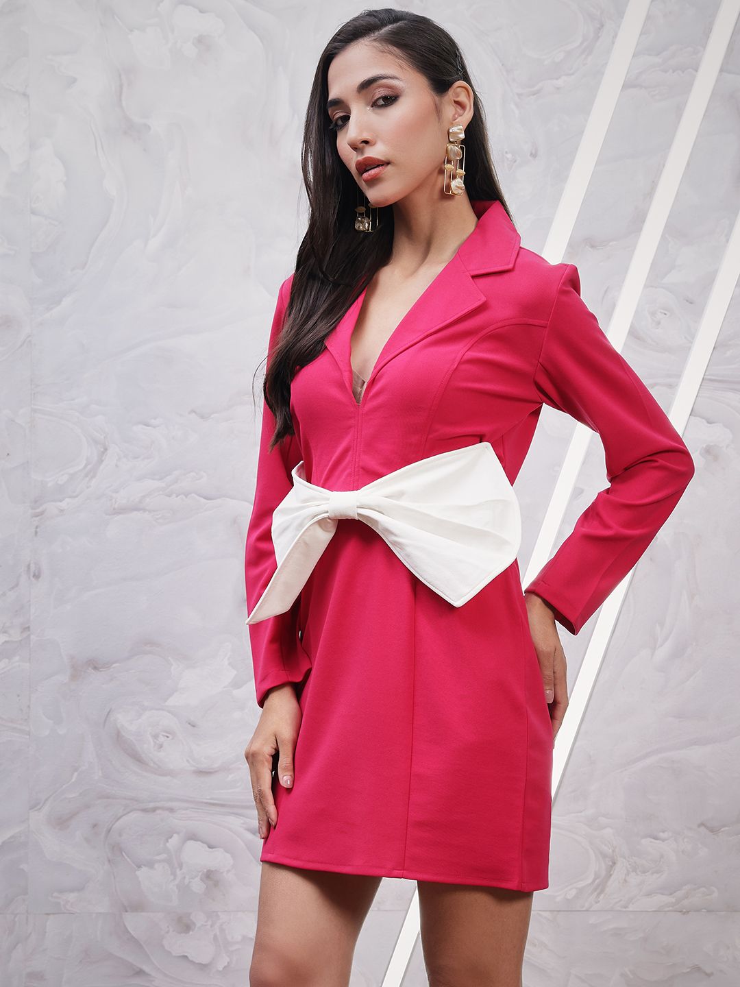 Athena Shirt Collar Opaque Fuchsia Bow Detailed dress