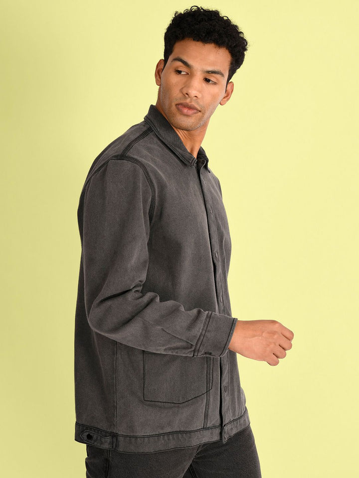 Bene Kleed Men Solid Spread Collar Washed Pure Cotton Denim Jacket