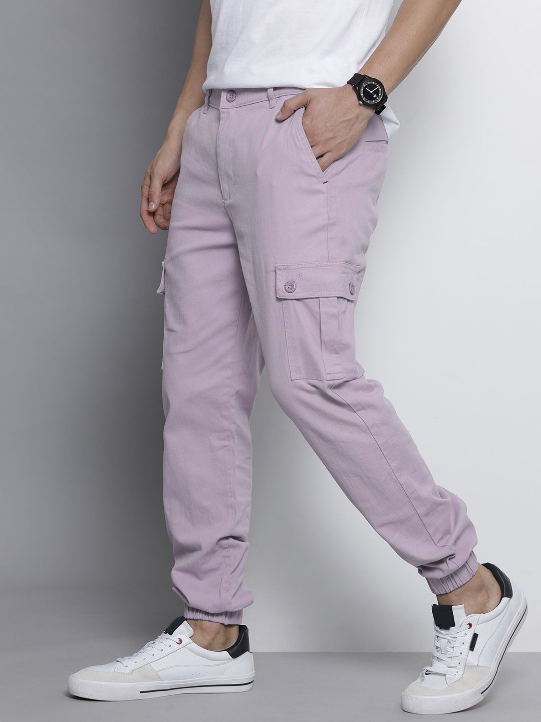 The Indian Garage Co Men Lavender Solid Smart Slim Fit Cargos Trousers
