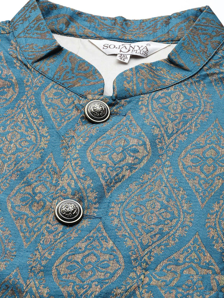 SOJANYA PLUS Men Sea Green Chikankari Embroidered Kurta with Churidar & Nehru Jacket