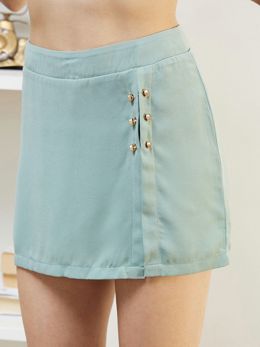 Berrylush Sea Green Pin Detail Asymmetric Hem Front Slit A Line Skirt