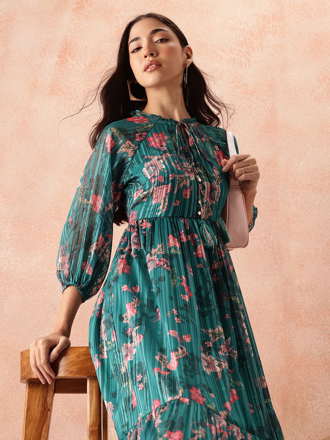 all about you Floral Print Tie-Up Neck Puff Sleeve Fit & Flare Midi Dress