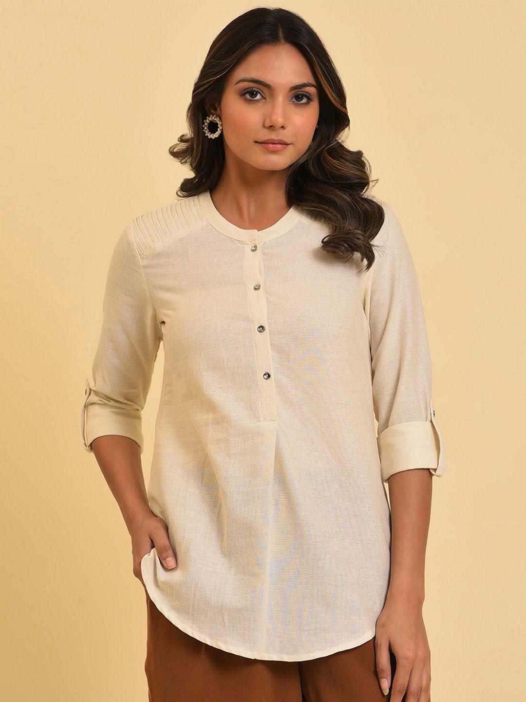 W Mandarin Collar Roll-Up Sleeves Cotton Shirt Style Top