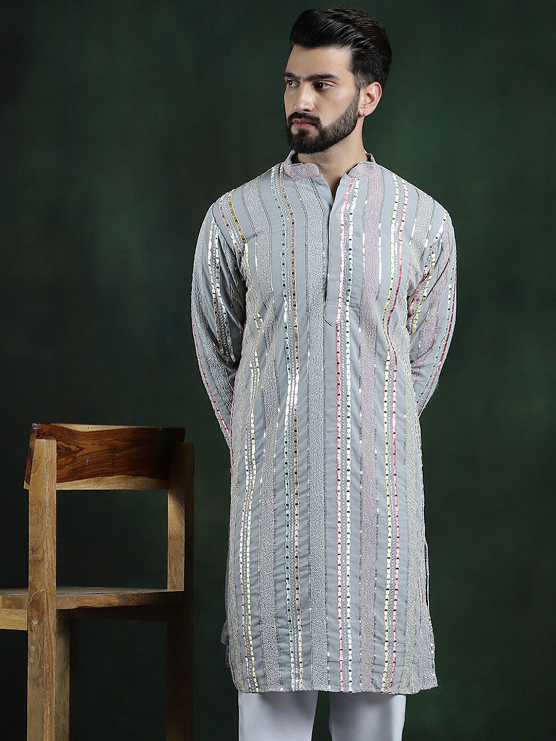 SOJANYA LUXE Striped Mandarin Collar sequinned mirror embroidered Georgette A-Line Kurta