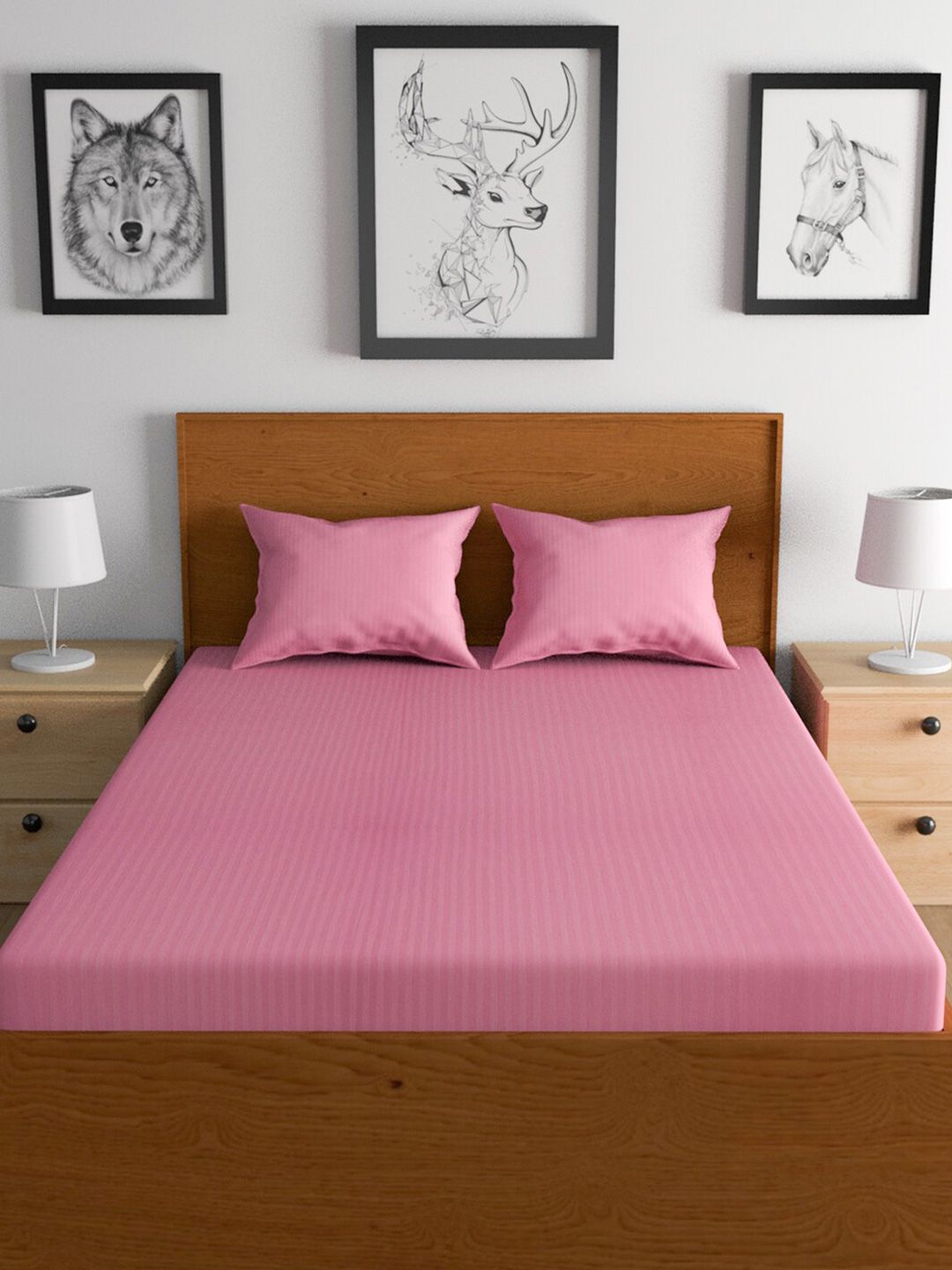 TEAL BY CHUMBAK Pink Printed 210 TC Queen Bedsheet with 2 Pillow Covers