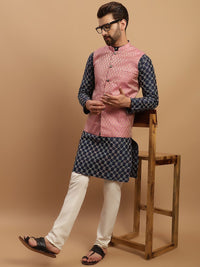 SOJANYA Kurta Biasa Bersulam Geometrik dengan Jaket Nehru Rekaan Churidar & Tenunan